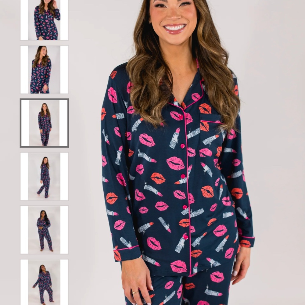 In My Sundays Lipstick Love  in Navy  Long Sleeve and Pant  Pajama Set, size S,